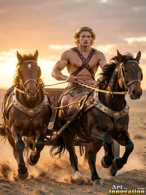 A muscular man drives a chariot pulled by two brown horses
