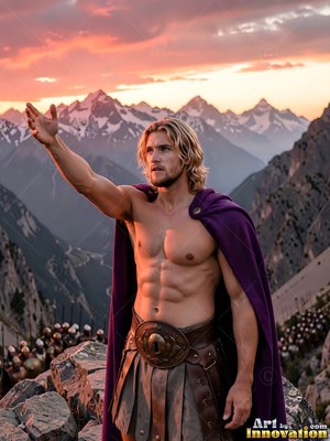A purple cloak covers one shoulder of a bare-chested man in rugged mountains at sunset