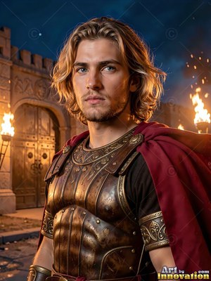 Facing forward outside a stone gate, a man dressed in bronze armor and a red cloak
