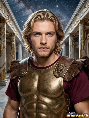 A light-haired man wearing bronze armor stands between marble pillars under the stars