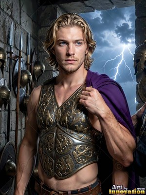 In a stone doorway before lightning, a blond-haired man wears a bronze cuirass