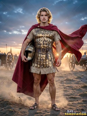 Standing on a dusty field, a blond man holds a helmet in a crimson cloak and armor