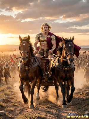 A man in a bronze cuirass rides a two-horse chariot before his army