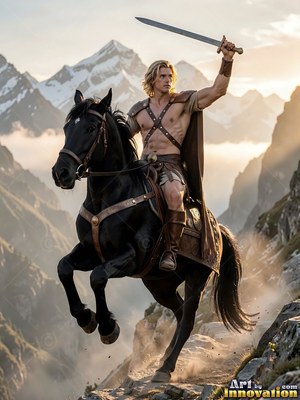 Leather straps cross the chest of a man raising a sword on a black horse in the mountains