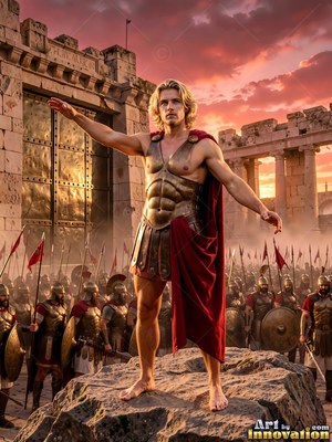 A blond man raises his arm before his army under a warm sunset sky