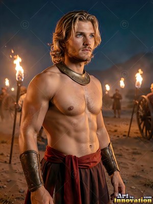 A shirtless young man stands in a dusty camp at night near torches