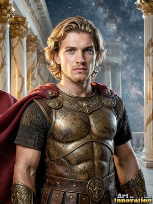 On a marble terrace at night, a man with blond hair stands wearing bronze armor