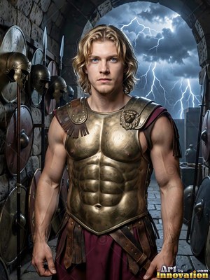 Standing in an armory, a fair-haired man wears a bronze cuirass before a stormy sky with lightning