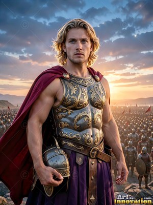 Young adult man clad in bronze armor before an army at sunset