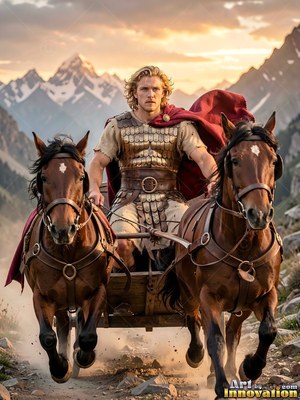 Wearing a bronze cuirass, a young adult man drives a horse chariot through a mountain pass