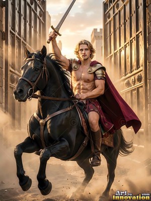 A young man rides a black horse through open gates with his sword raised in warm sunlight