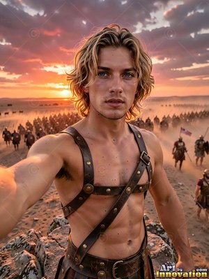 Close up on a bare-chested youthful man in leather straps against a sunset desert