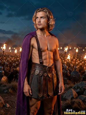 On a dark battlefield, a shirtless blond-haired man stands standing in a purple cape before an army
