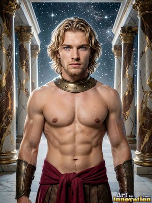 Standing between marble pillars, a shirtless youthful man wears a bronze gorget under starry skies