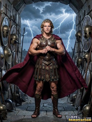 A bronze-armored man and a crimson cape stands before lightning