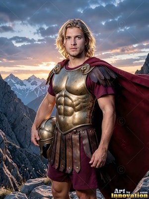Wearing a bronze cuirass and red cape, a blond-haired man stands on a rocky mountain path at dusk