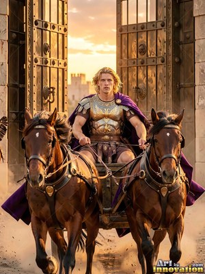A man rides a two-horse chariot through tall gates into warm sunset light