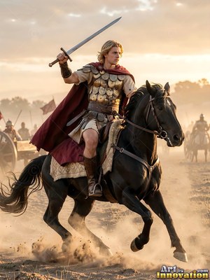 Riding a galloping black horse on a dusty battlefield, a man raises his sword