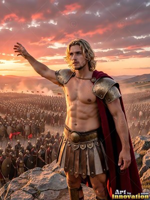 A shirtless warrior man in a red cape signals to an army at sunset
