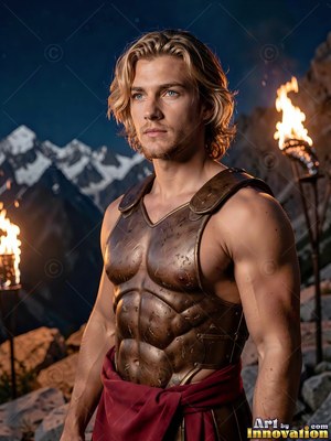 Standing before torches, a man with blond hair wears a bronze cuirass on a rocky peak