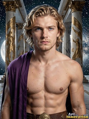 A blond shirtless man wears a purple cloak by marble pillars