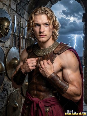 Blond hair frames a young man in brown armor standing by a stormy stone doorway
