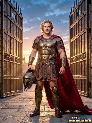 A blond-haired man dressed in bronze armor stands by open wooden gates in warm sunset light