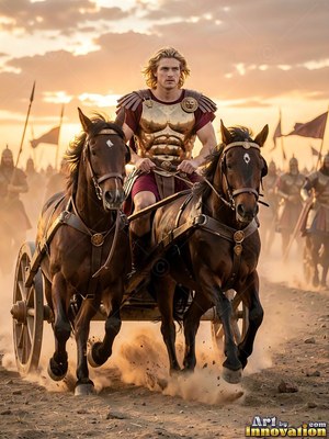 Standing tall on a dusty battlefield, a man with blond hair rides a horse chariot
