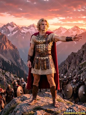 A blond man in bronze armor points forward on a mountain with his army below