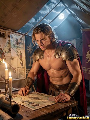 In a military tent, a muscular blond-haired man in armor leans over a map by candlelight