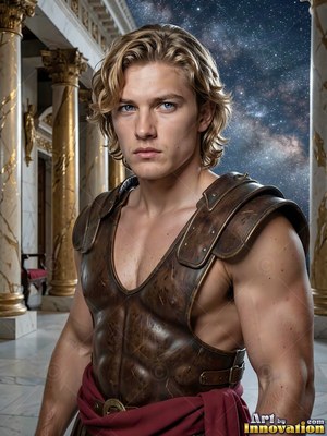 Blond man in brown leather armor standing before pillars under stars