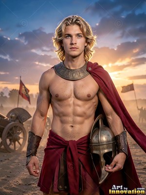 Blond man in a crimson cloak holds a bronze helmet on a dusty battlefield at dusk