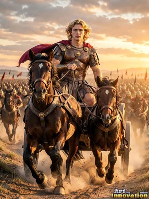 A young man drives a horse chariot forward under warm sunlight in a dusty field