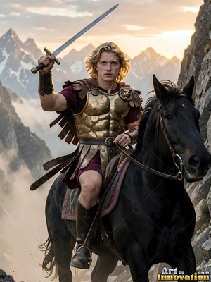 Riding a black horse on a mountain path, a blond man raises his sword aloft