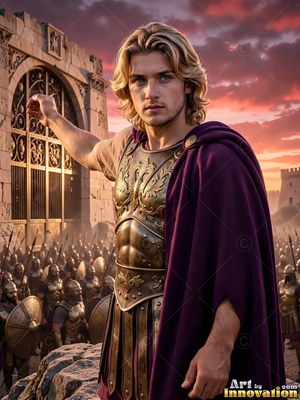 A man with blond hair in bronze armor and a purple cape gestures before his army at sunset