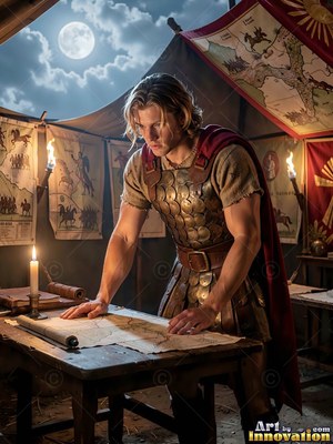 In a war tent, a man in his youth in armor leans over a paper map on a wooden table