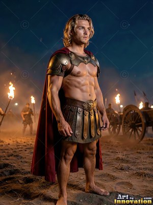 Standing barefoot on a battlefield, a blond man wears leather armor and a red cape