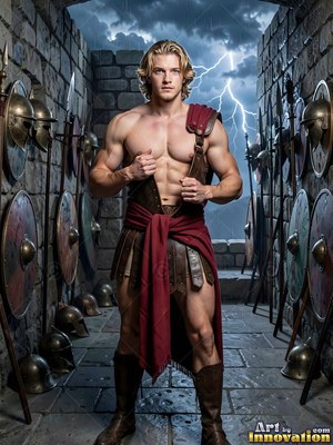 Bare-chested in leather armor, a muscular man stands between stone walls under lightning