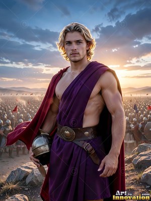 A light-haired man stands holding a bronze helmet in the sunset light before an army