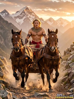 Standing upright in a mountain pass, a shirtless man rides a horse-drawn chariot