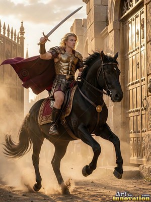 A young blond man in armor rides a rearing black horse through a dusty gate with his sword raised