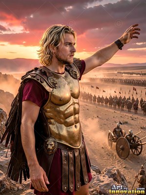 On a dusty hill, a light-haired man in bronze armor gestures toward his army