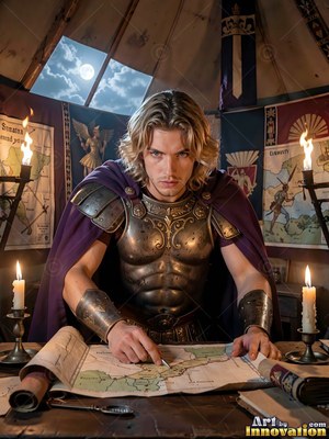 Studying a map by candlelight, a fair-haired man in bronze armor leans over a tent table