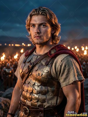 A light-haired man in bronze armor stands before a field of torches at dusk