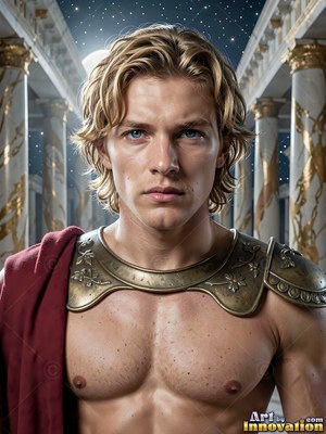A carved bronze collar rests on the bare chest of a blond man standing between marble columns under the night sky
