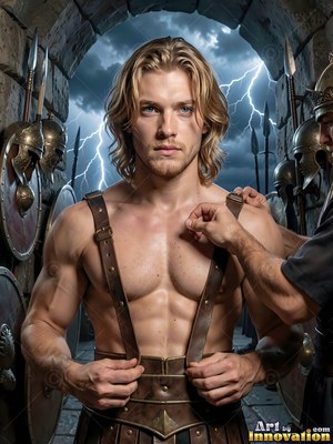 A light-haired man puts on leather armor straps under a stormy sky with lightning