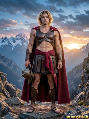 Standing upright on a rocky mountain ridge, a man wears armor and a crimson cape