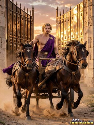 A shirtless man in a purple cloak rides a two-horse chariot through open gates