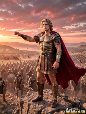 On a rocky hill, a young bronze-armored man and a red cape stands above his army