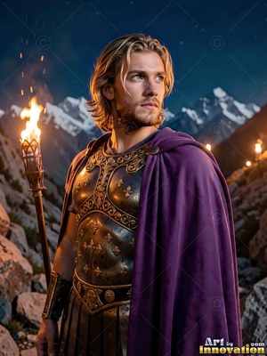 A man dressed in bronze armor and a purple cloak holds a torch